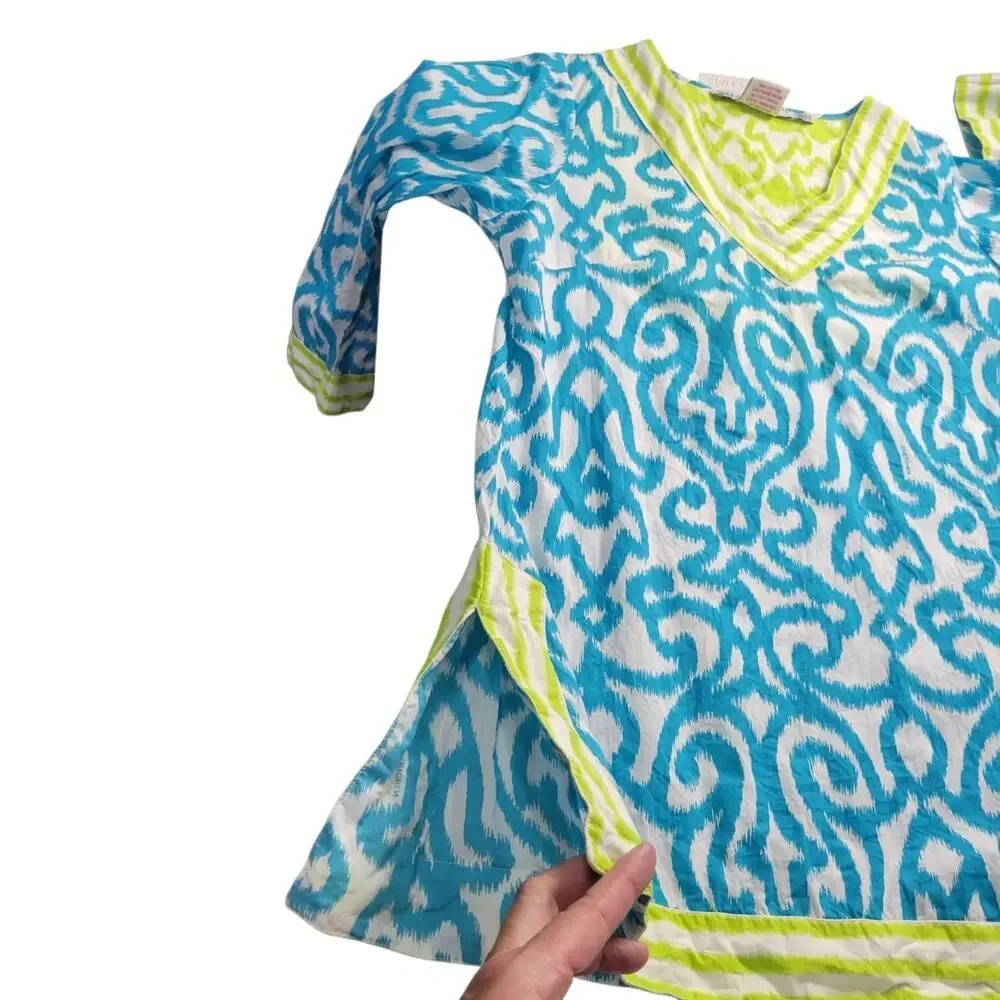 Gretchen Scott Tunic Top XS Tropical Geo 3/4 Sleeve Boho Lagum Cotton Resort - Picture 6 of 10